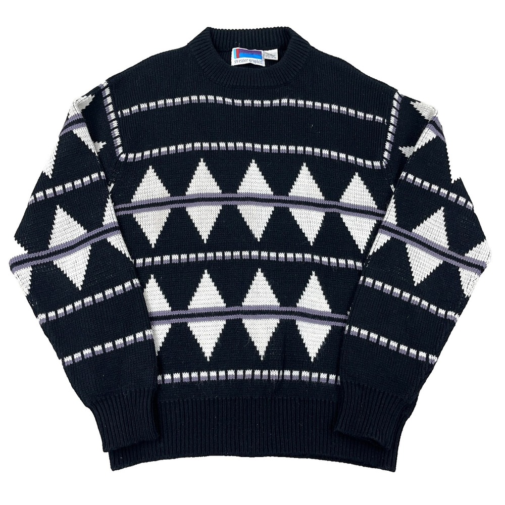 Vintage Grandpa Sweater Men Large Black Geometric Diamond Chunky Knit 90s Cosby